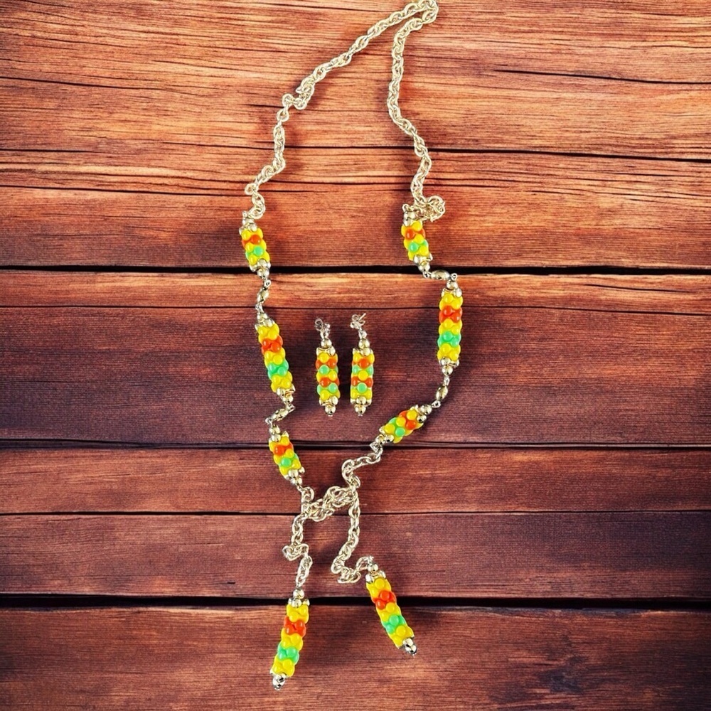 Sarah Coventry Carousel Citrus Shades Lariat Necklace & pierced Earring Set 1967